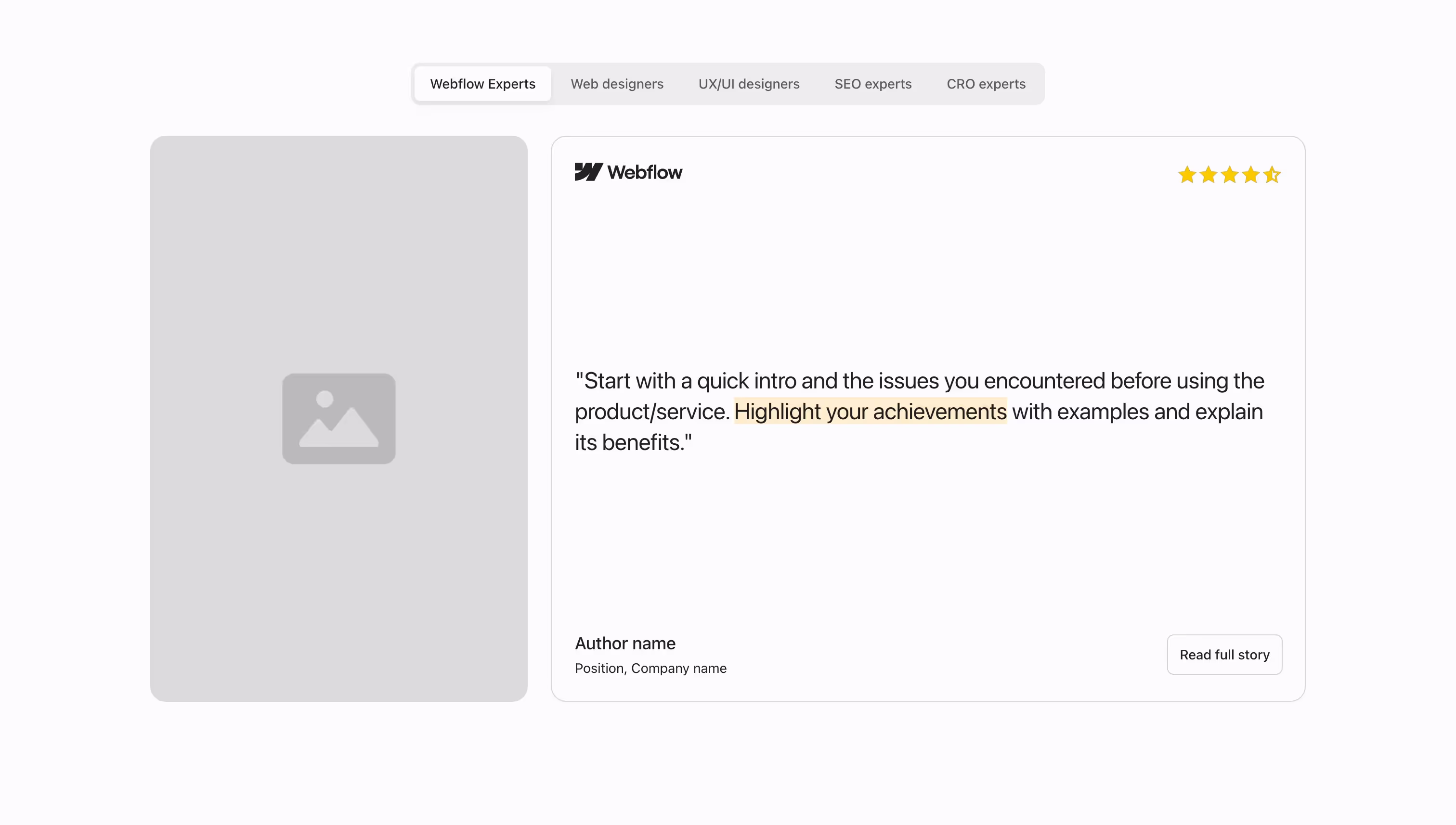 Tabbed testimonial Webflow component with an image, quote, author details, star rating, and a "read full story" button.