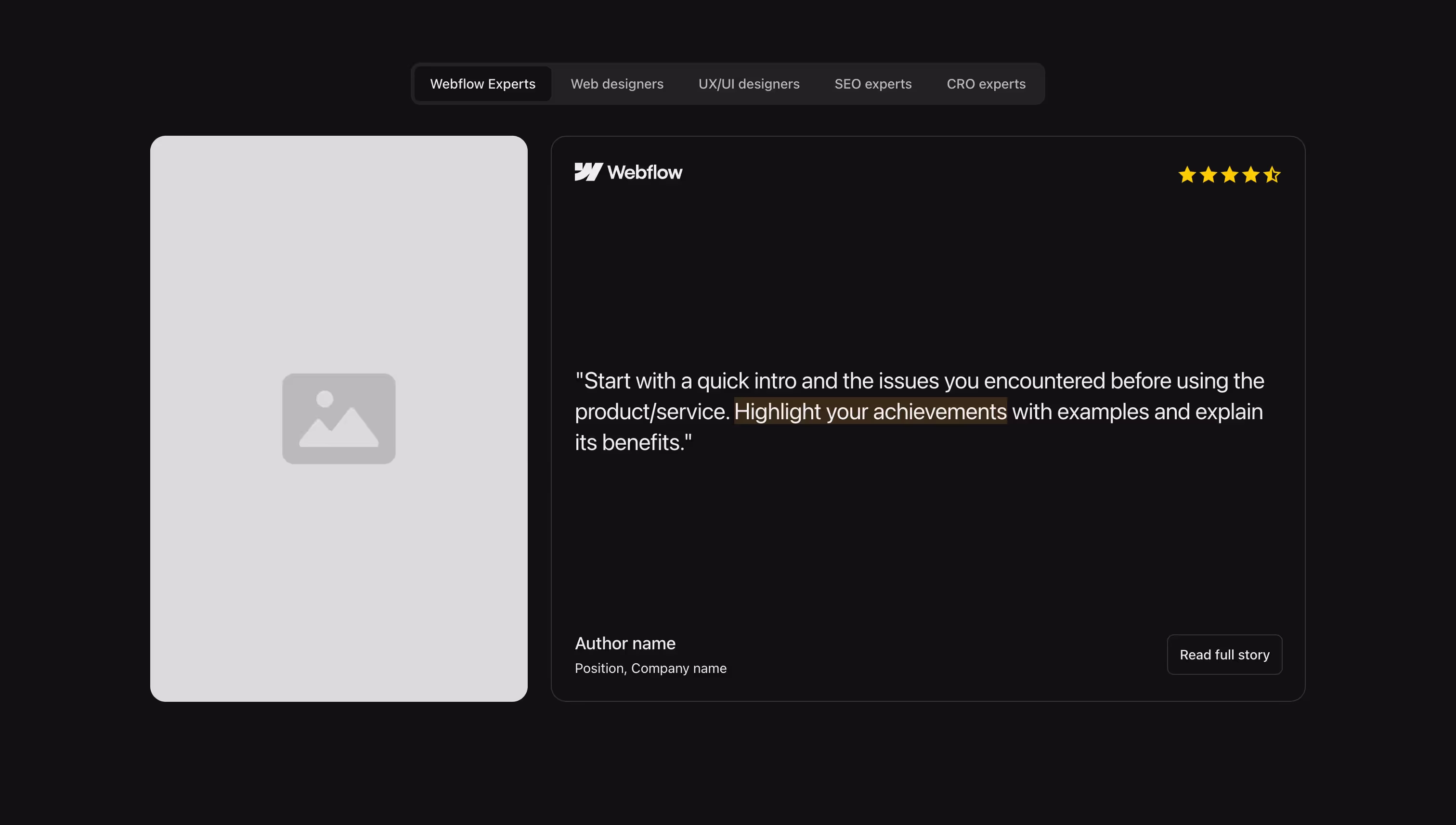Tabbed testimonial Webflow component with an image, quote, author details, star rating, and a "read full story" button.