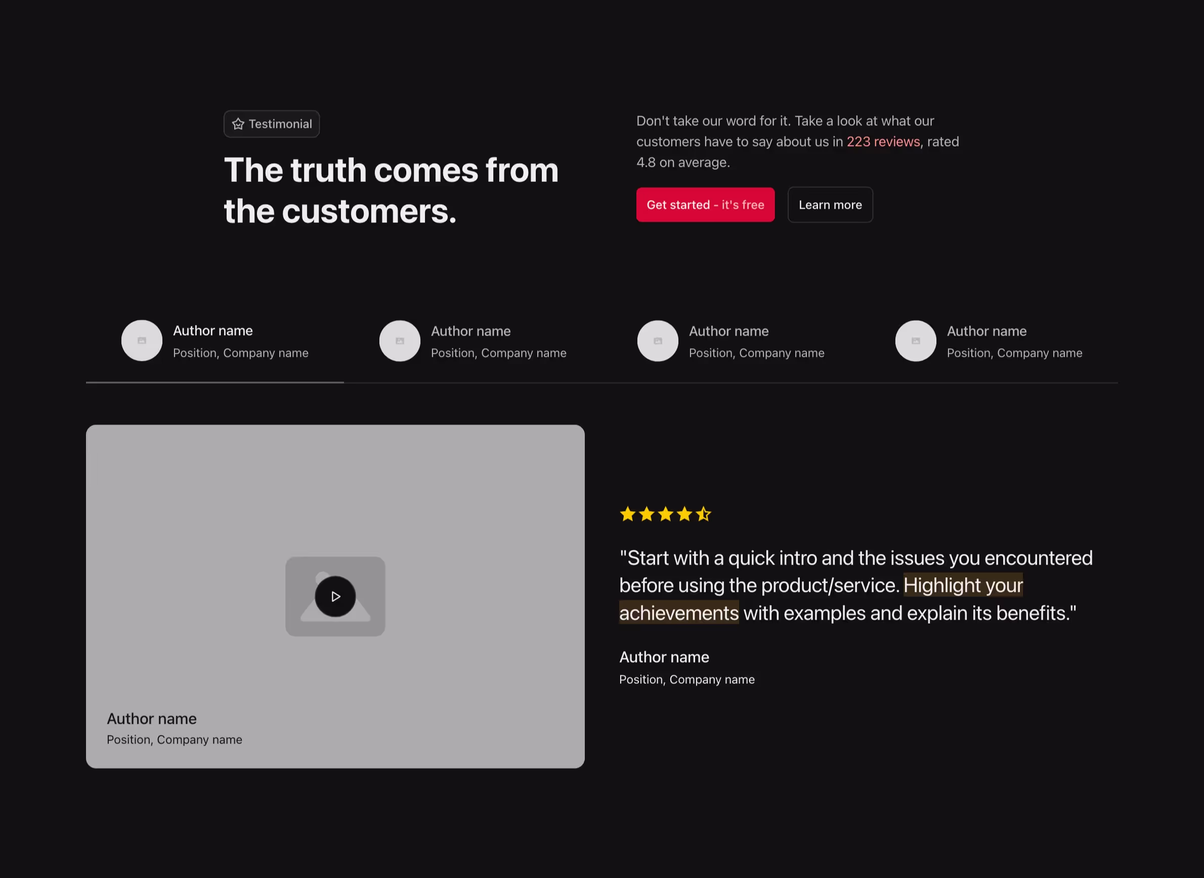 Slider-style testimonial Webflow component featuring author profiles, video cards, and text quotes with ratings. Highlights customer feedback with multimedia for impact.