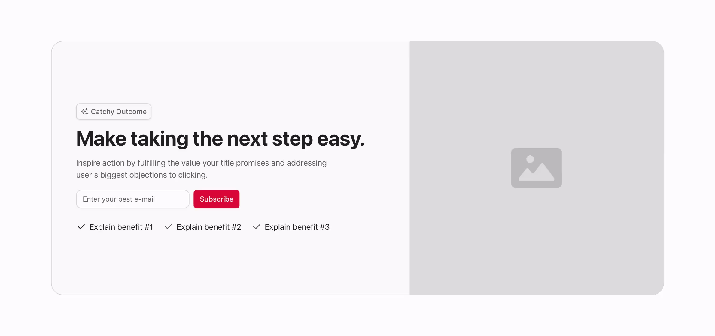 A Webflow call-to-action component with a headline, description, email input, "Subscribe" button, supporting image, and three key benefits with checkmarks.