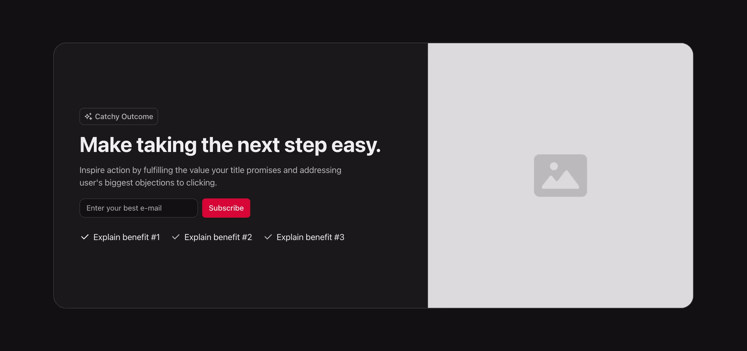 A Webflow call-to-action component with a headline, description, email input, "Subscribe" button, supporting image, and three key benefits with checkmarks.