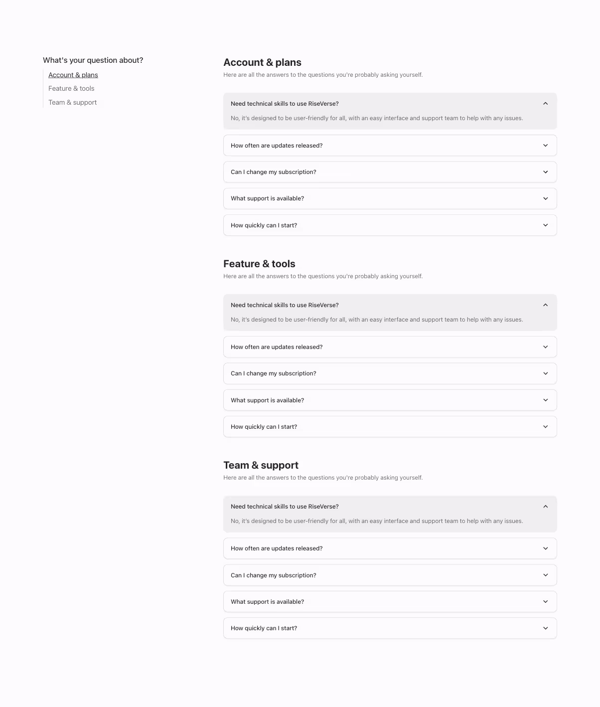A Webflow FAQ component with a two-column layout, separated into three distinct sections. Each section includes a headline, subheadline, and accordion-style questions. Static anchor links are aligned at the left.