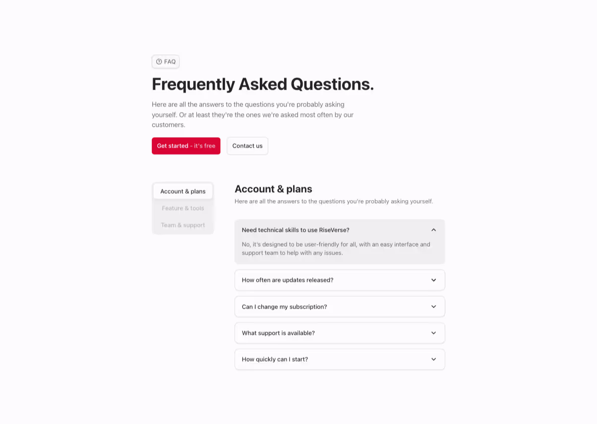 A Webflow FAQ component with a left-aligned two-column layout, accordion-style questions, a headline, subheadline, and two call-to-action buttons aligned horizontally above the FAQ section. Vertical tabs are aligned at the left.