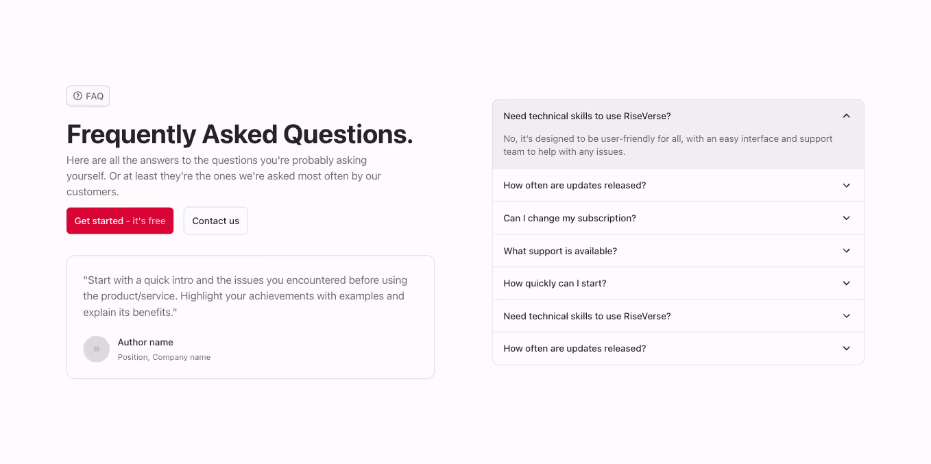 A Webflow FAQ component with a two-column layout, accordion-style questions, a headline, subheadline, and two call-to-action buttons aligned horizontally above the testimonial card.