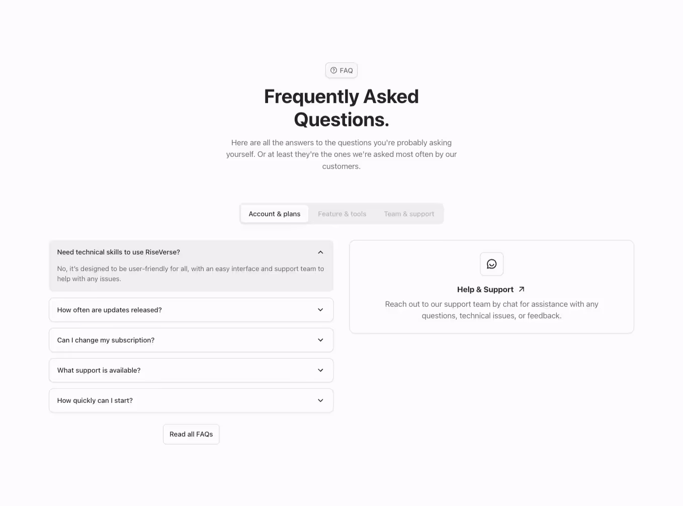 A Webflow FAQ component with a centered two-column layout, accordion-style questions, a headline, subheadline, and contact call-to-action aligned right to the FAQ section. Horizontal tabs are aligned at the top.