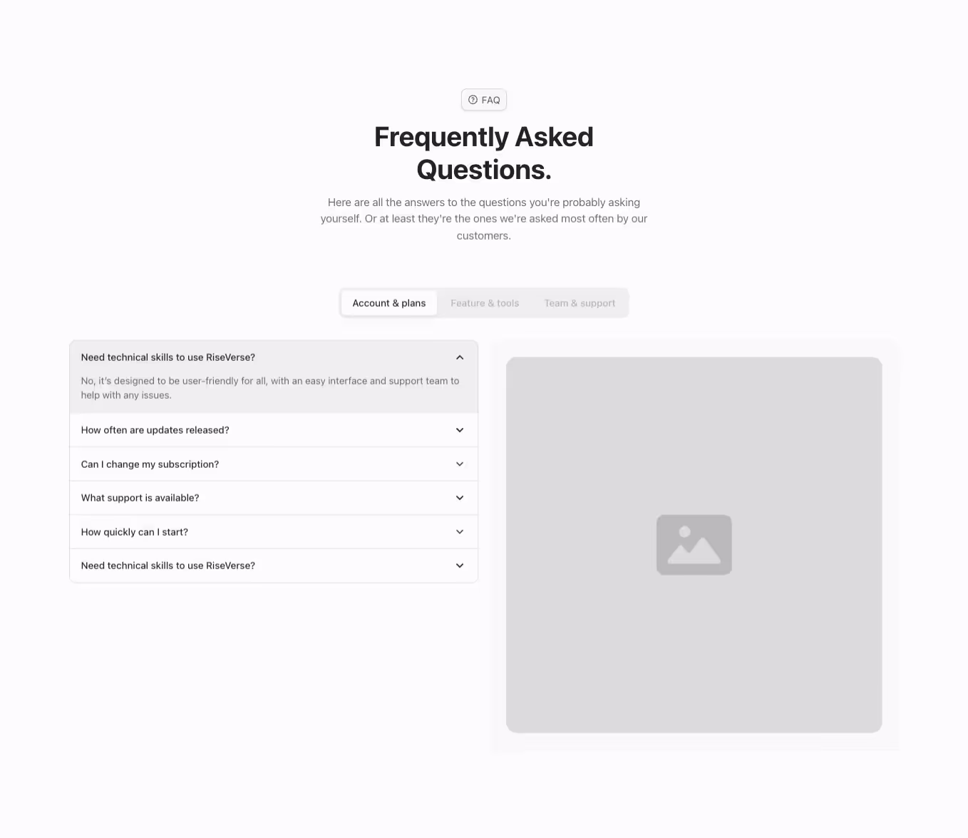 A Webflow FAQ component with a centered two-column layout, accordion-style questions, a headline, subheadline, and image aligned right to the FAQ section. Horizontal tabs are aligned at the top.