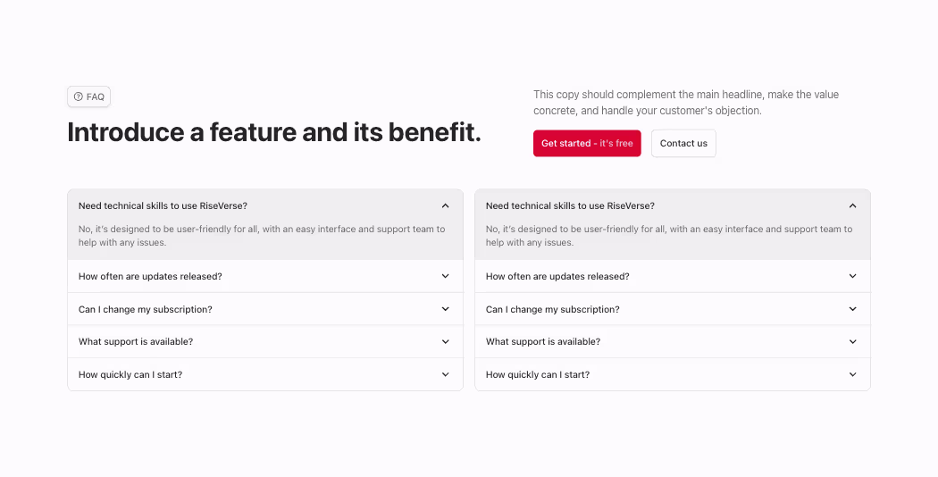 A Webflow FAQ component with a left-aligned two-column layout, accordion-style questions, a headline, subheadline, and two call-to-action buttons aligned horizontally above the FAQ section.