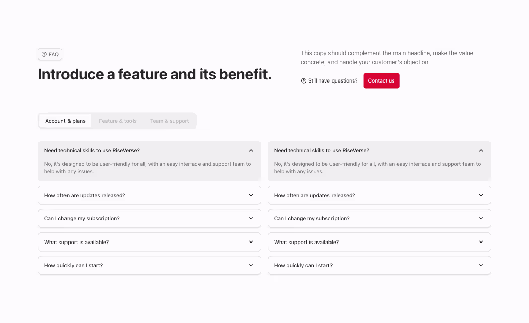 A Webflow FAQ component with a left-aligned two-column layout, accordion-style questions, a headline, subheadline, and two call-to-action buttons aligned horizontally above the FAQ section. Horizontal tabs are aligned at the top.