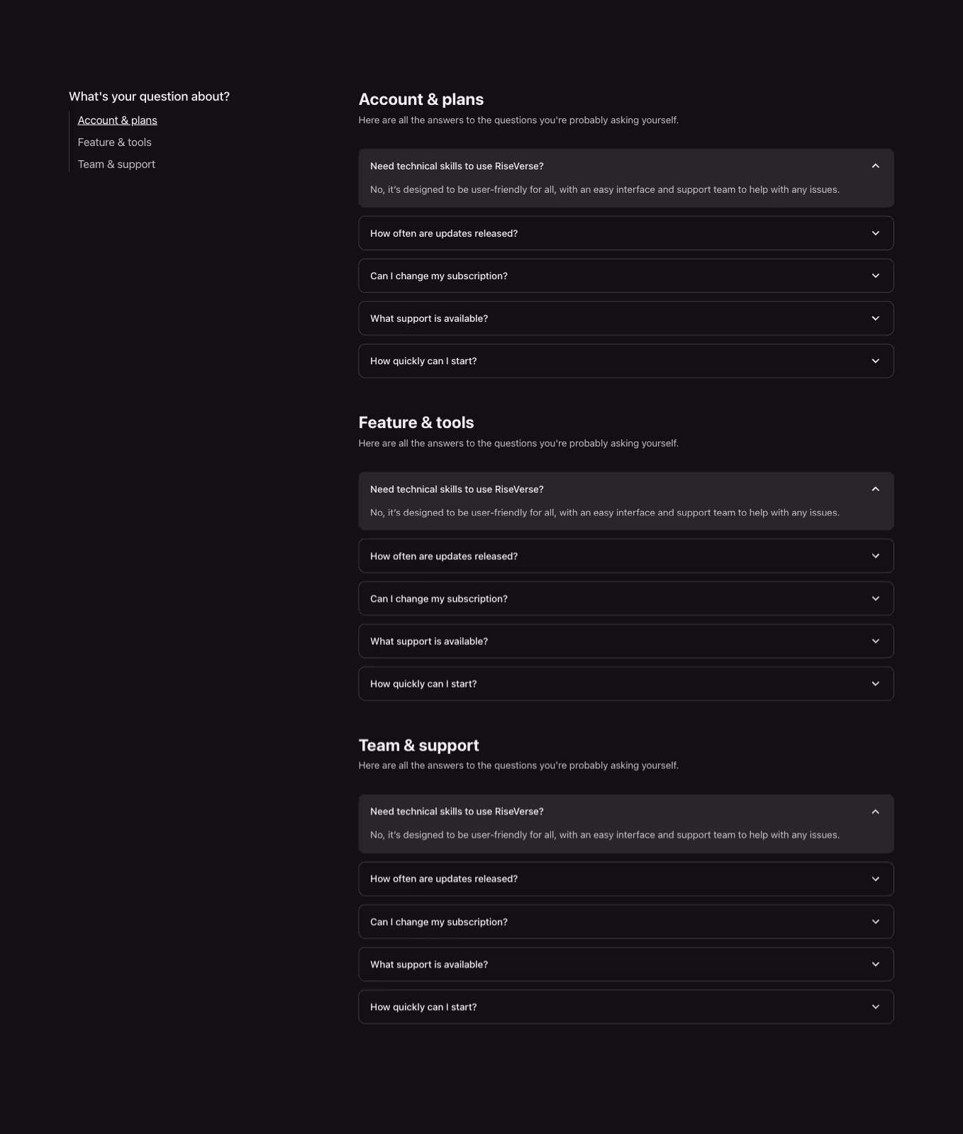 A Webflow FAQ component with a two-column layout, separated into three distinct sections. Each section includes a headline, subheadline, and accordion-style questions. Static anchor links are aligned at the left.