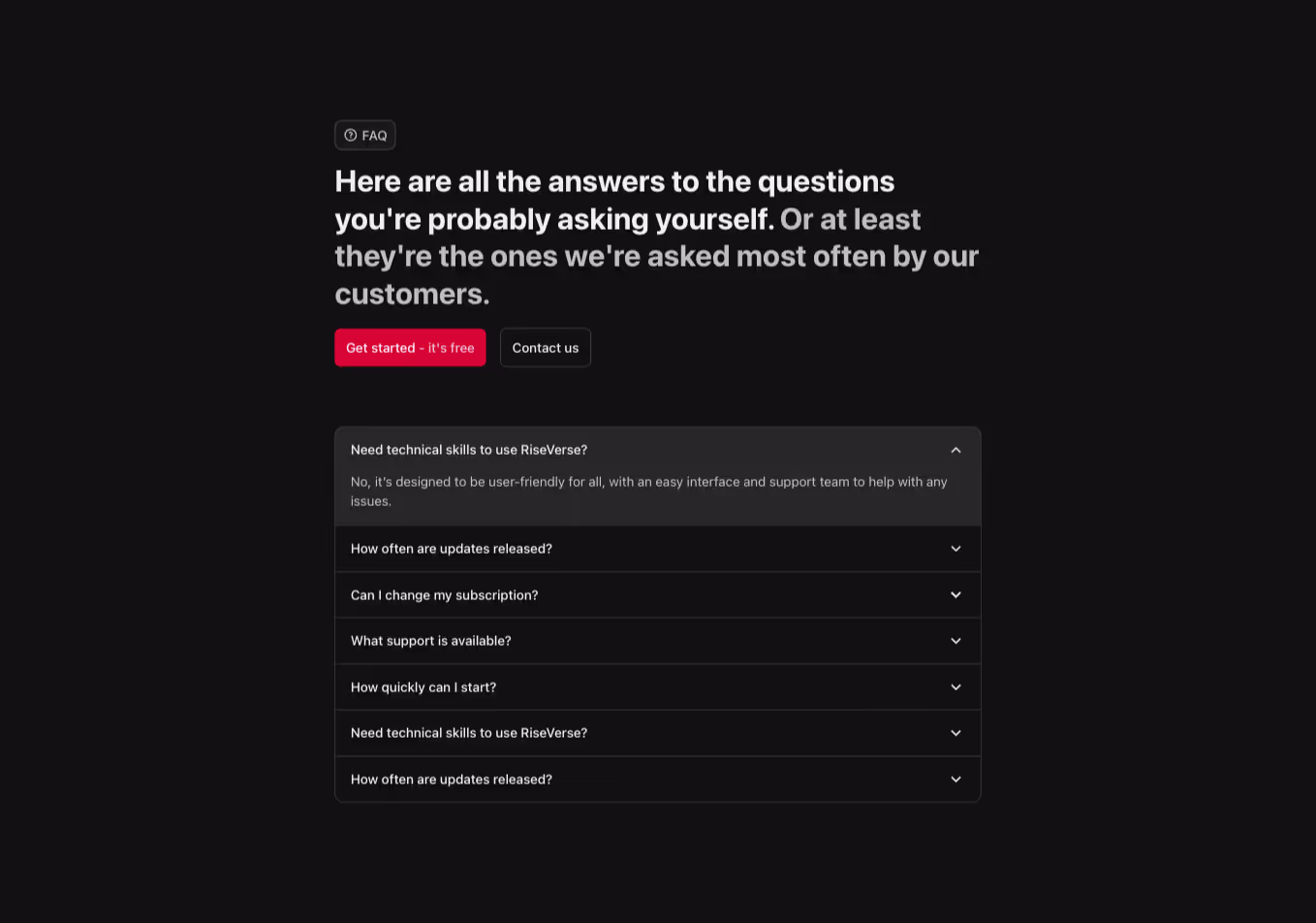 A Webflow FAQ component with a left-aligned single-column layout, accordion-style questions, a headline, subheadline, and two call-to-action buttons aligned horizontally above the FAQ section.