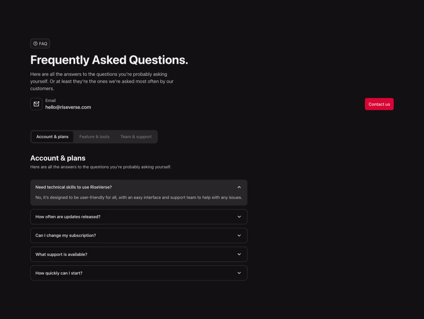 A Webflow FAQ component with a left-aligned single-column layout, accordion-style questions, a headline, subheadline, and two call-to-action buttons aligned horizontally above the FAQ section. Horizontal tabs are aligned at the top.