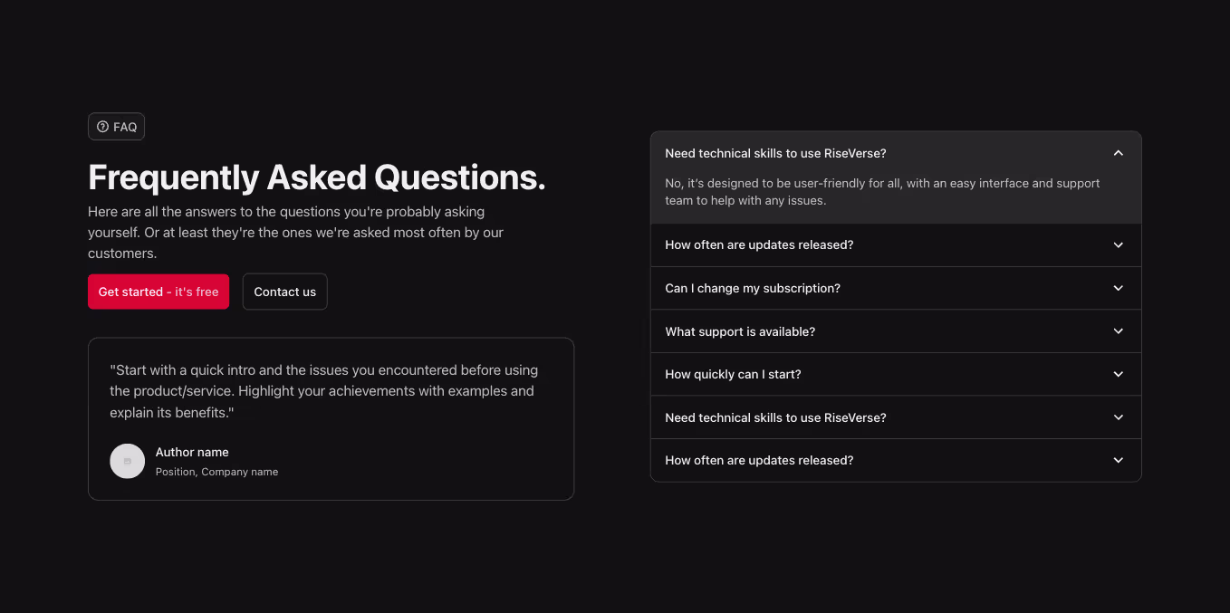 A Webflow FAQ component with a two-column layout, accordion-style questions, a headline, subheadline, and two call-to-action buttons aligned horizontally above the testimonial card.