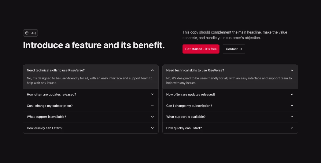 A Webflow FAQ component with a left-aligned two-column layout, accordion-style questions, a headline, subheadline, and two call-to-action buttons aligned horizontally above the FAQ section.