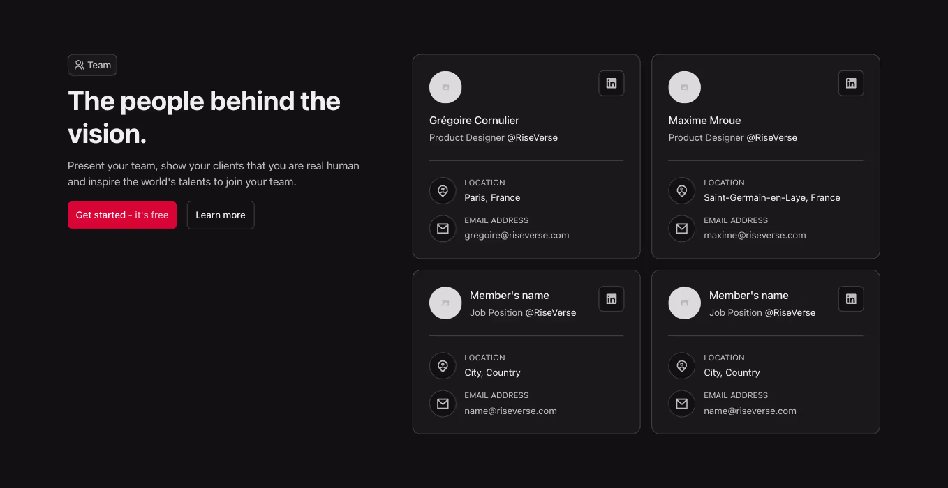 A Webflow team component with a three-column layout and left-aligned text. It includes a headline, subheadline, and two horizontally aligned buttons. To the right is a 2x2 grid of team member cards, each featuring an image.