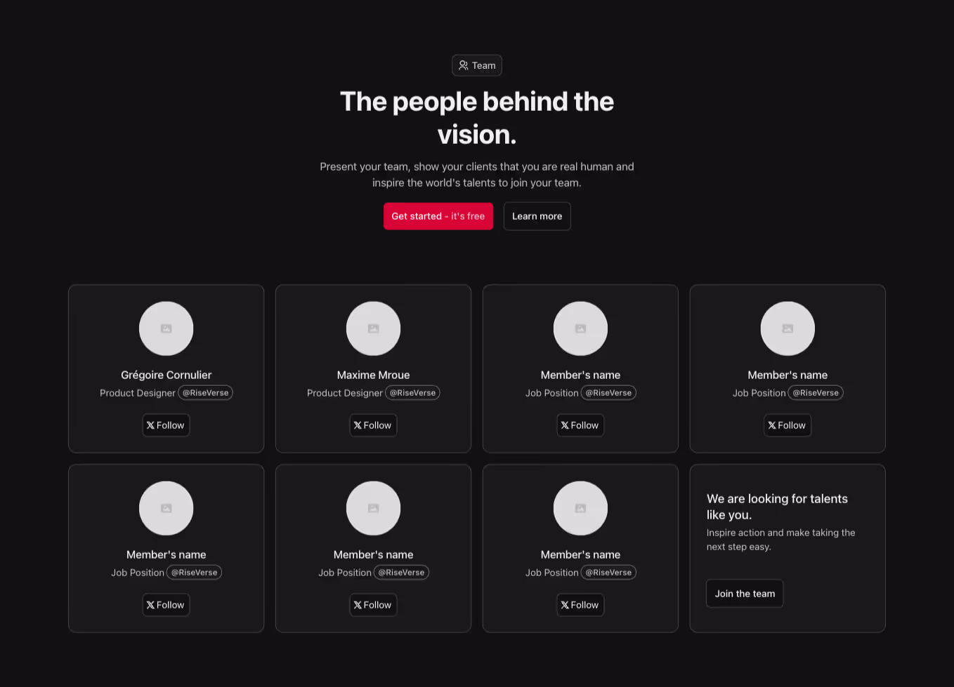 A Webflow team component with a four-column layout and centered text. It features a 2x4 grid of team member cards, each containing a profile image.