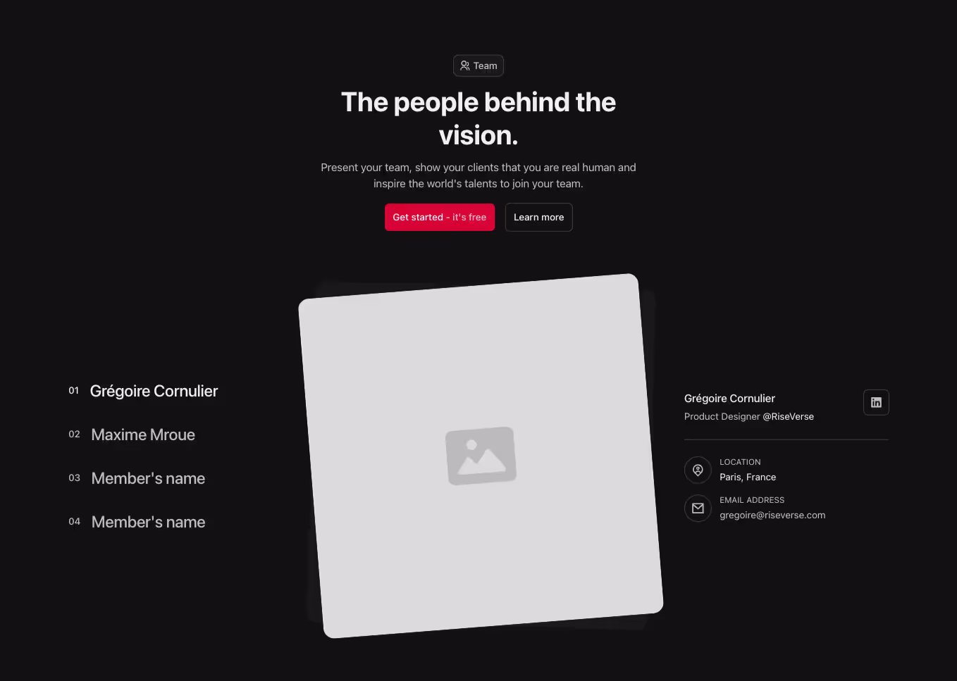 A Webflow team component with a tabbed layout. It allows users to switch between team members, displaying their information with a centered profile image for each tab.