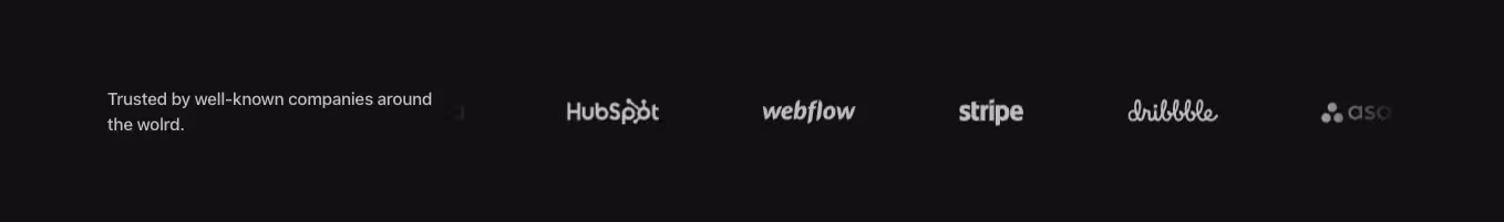 A Webflow logo component with a two-column layout. The left column features text, while the right column includes a logo slider for showcasing multiple brand logos.