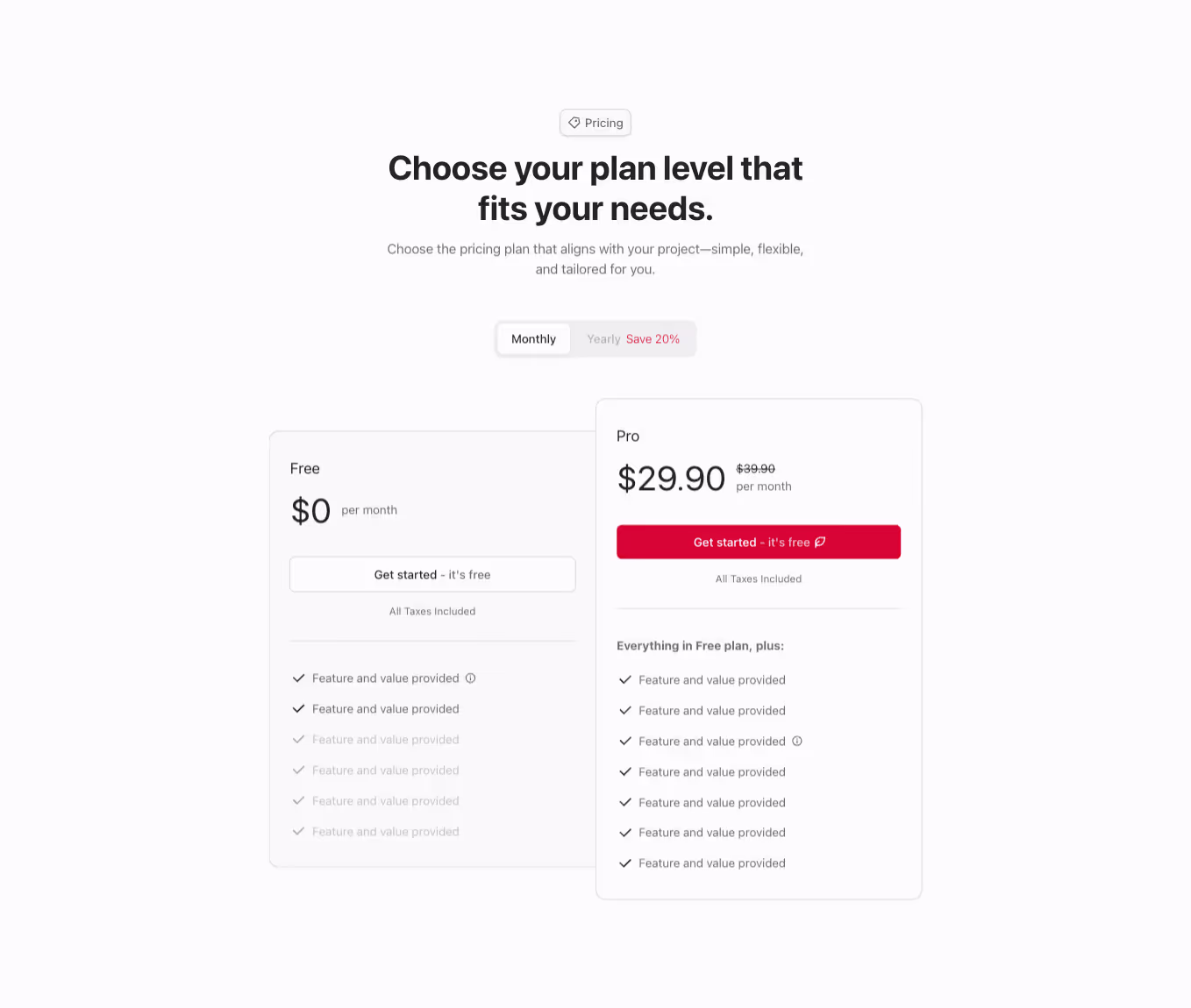 A Webflow pricing component with a two-column grid layout featuring two pricing cards. The featured plan stands out with a larger, lighter-colored card for emphasis.