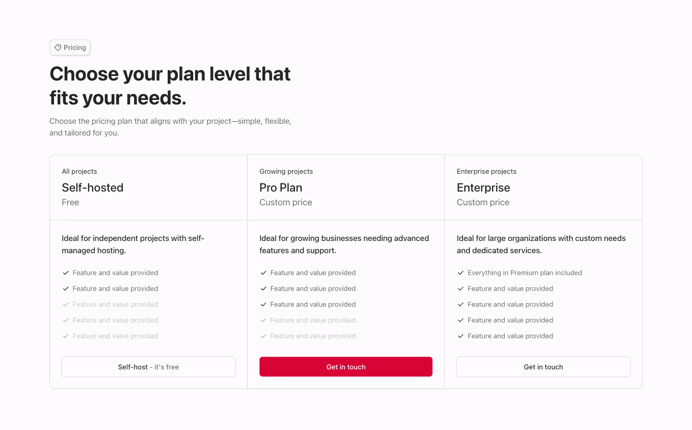 A Webflow pricing component with a three-column table layout separated by borders. The heading is left-aligned, and each column displays pricing details.
