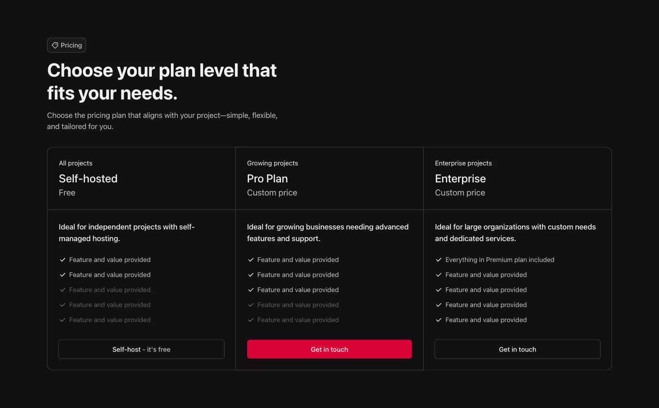 A Webflow pricing component with a three-column table layout separated by borders. The heading is left-aligned, and each column displays pricing details.