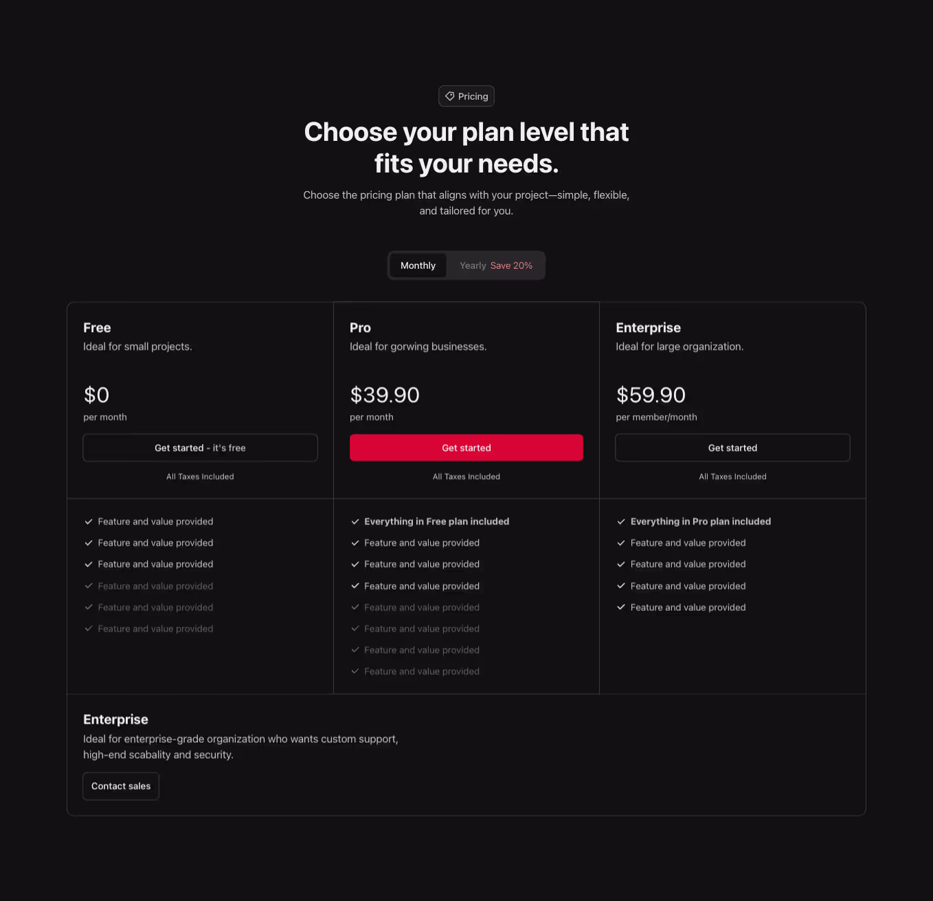 A Webflow pricing component with a three-column table layout separated by borders. Below the main plans, there is a full-width fourth plan for additional emphasis.