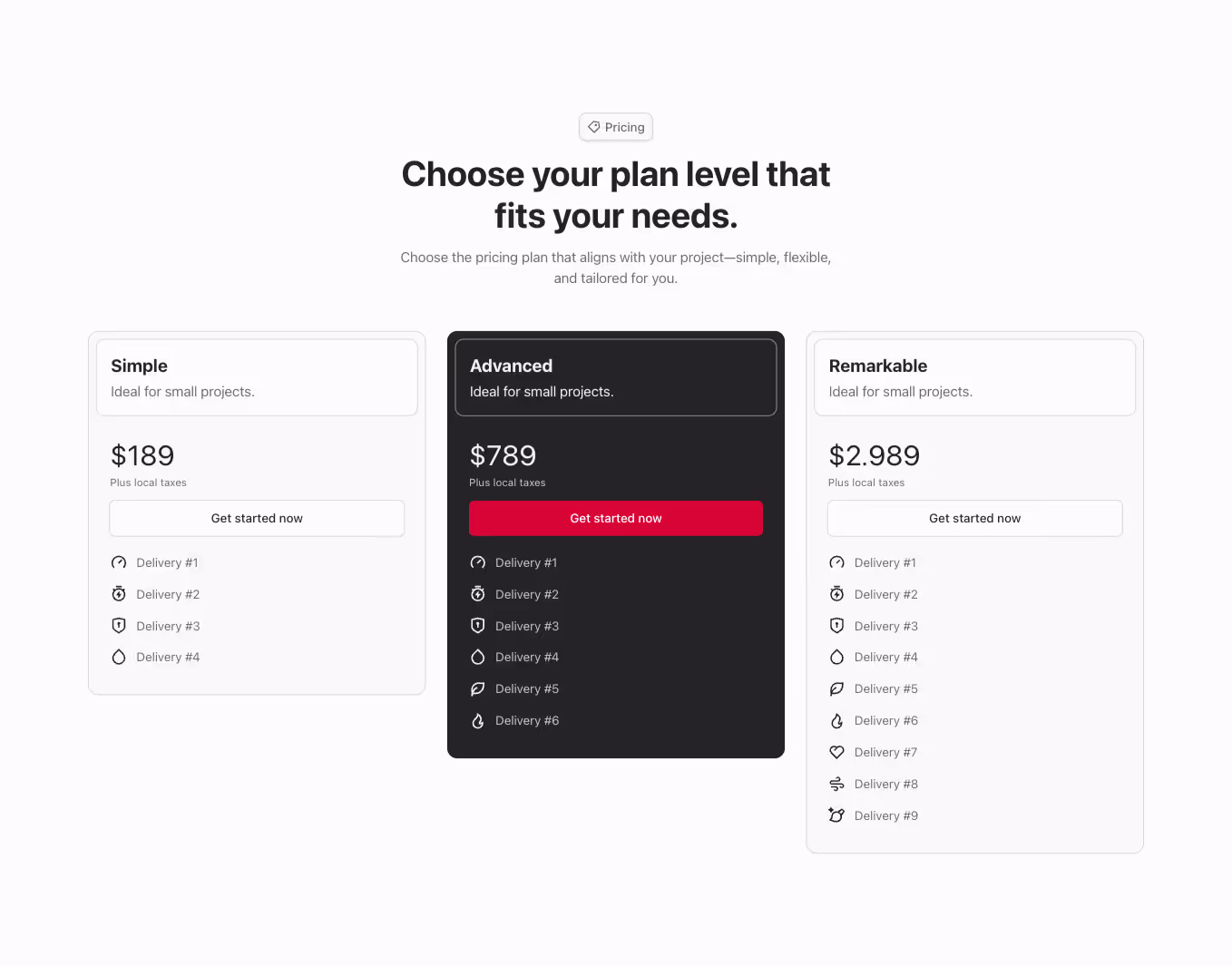 A Webflow pricing component with a three-column layout featuring three plan cards. The heading is centered, and the featured card is highlighted with an alternate color for emphasis.