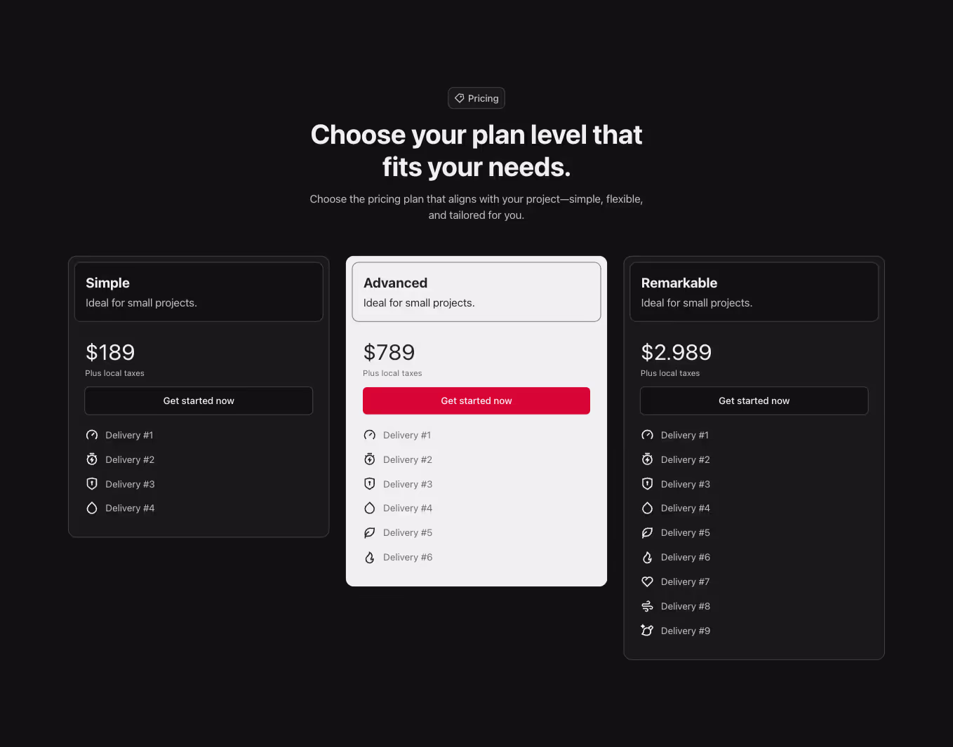 A Webflow pricing component with a three-column layout featuring three plan cards. The heading is centered, and the featured card is highlighted with an alternate color for emphasis.