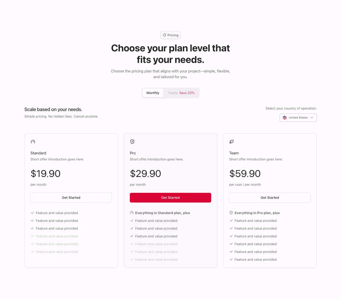 A Webflow pricing component with a three-column table layout and a country selector dropdown to adjust pricing based on the selected region.
