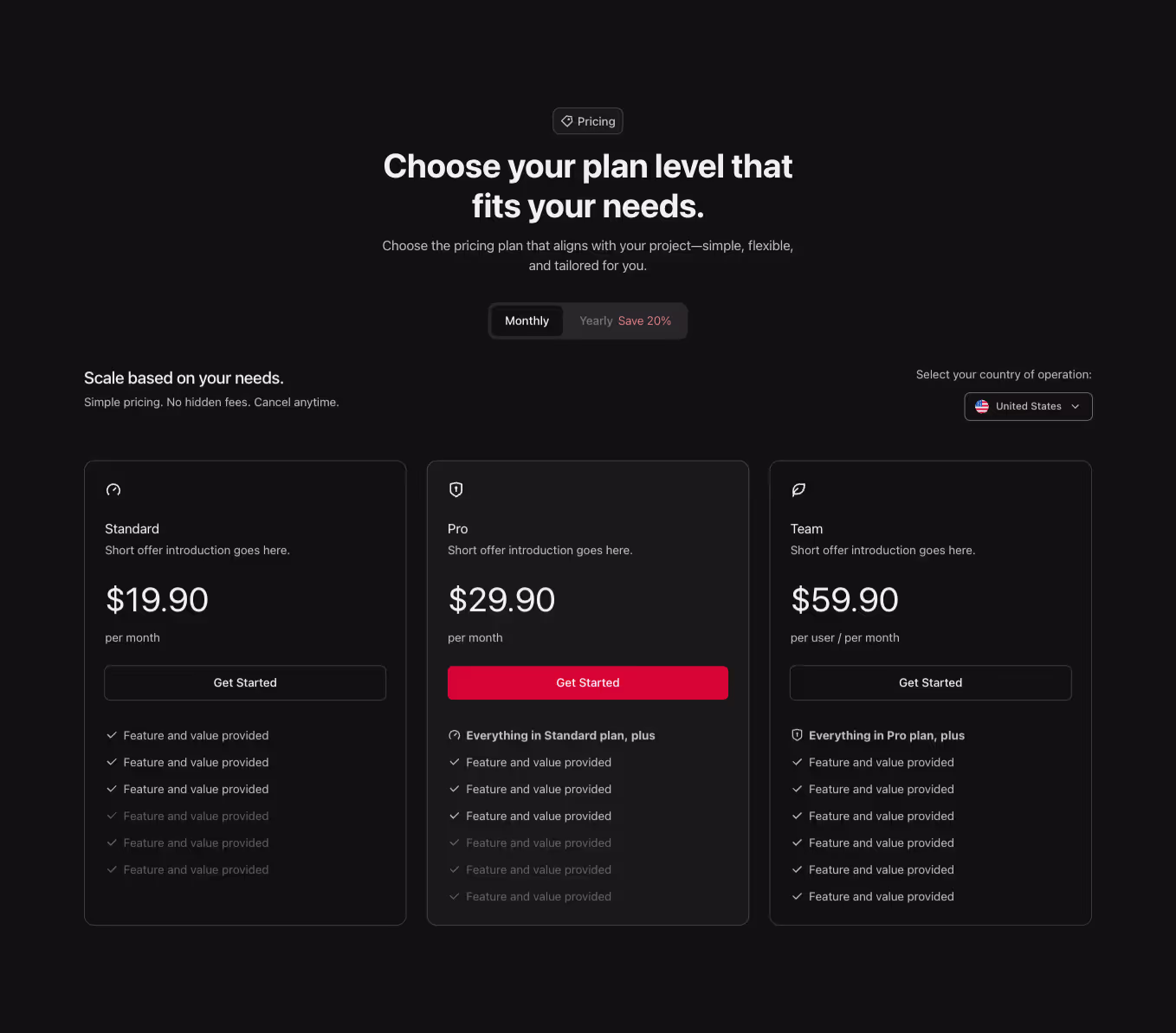 A Webflow pricing component with a three-column table layout and a country selector dropdown to adjust pricing based on the selected region.