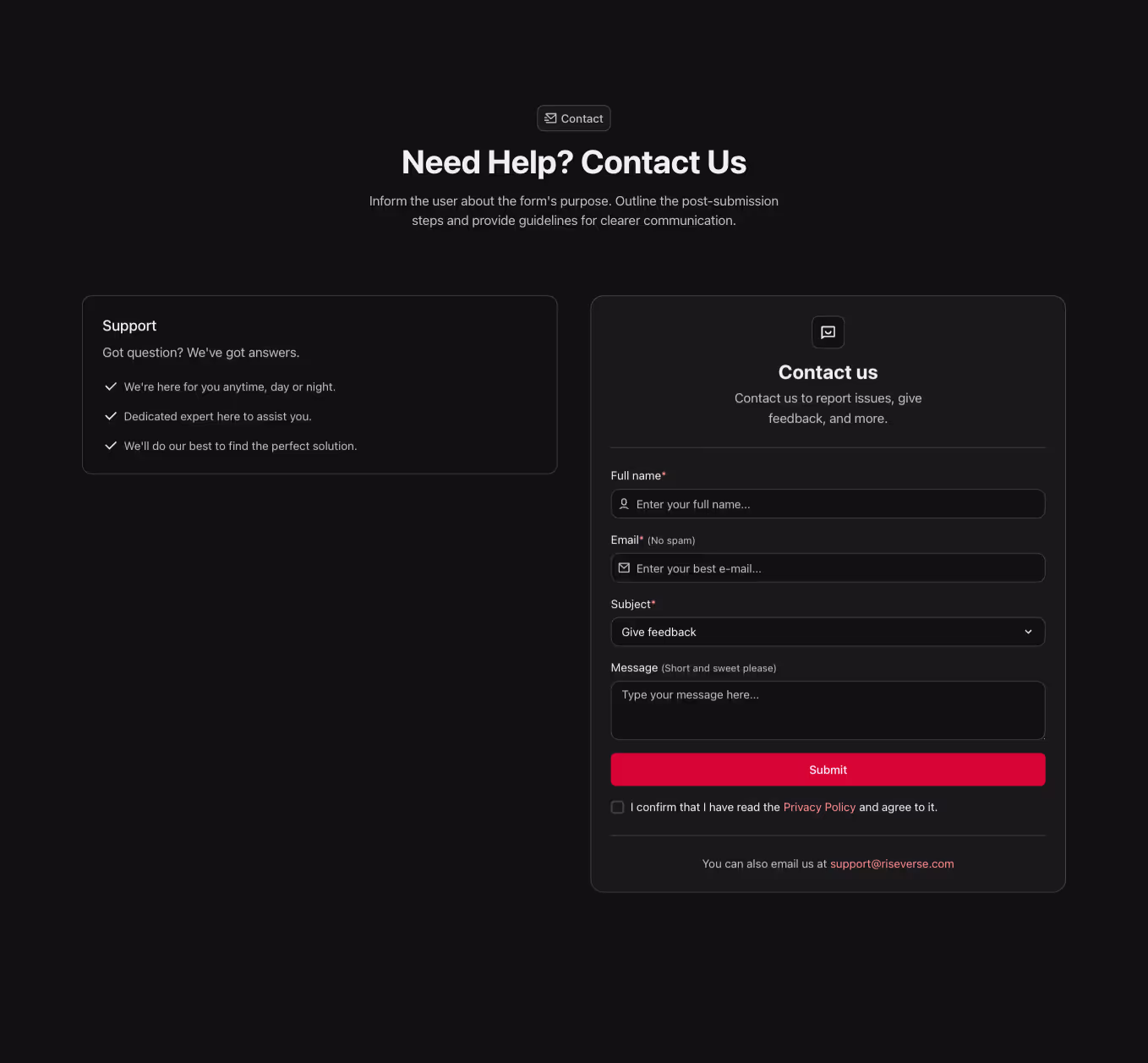 A Webflow contact section component with a two-column layout. It includes a contact form in a card on the right, a steps list in a card on the left, and a centered heading above.