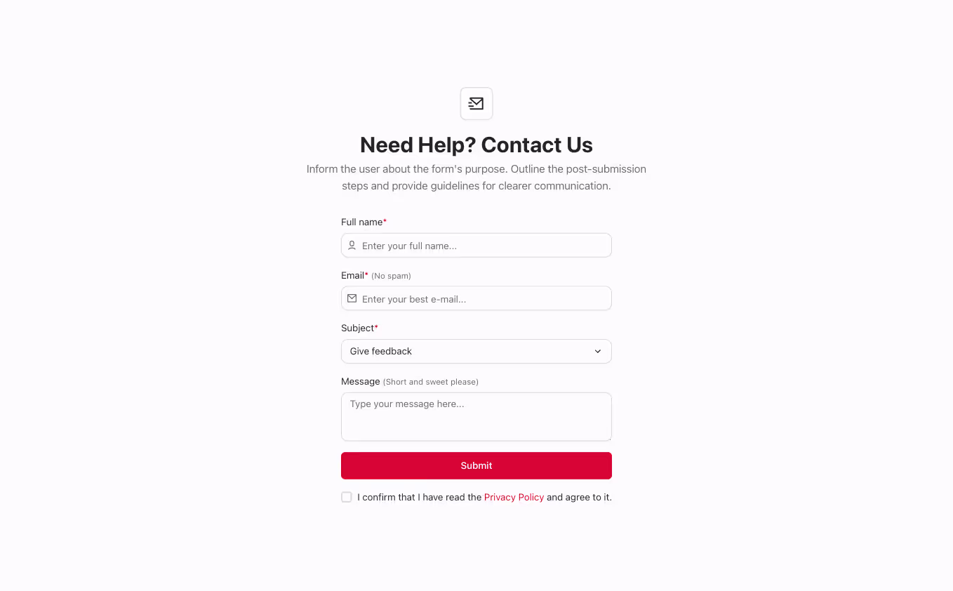 A Webflow contact section with a simple, centered form and a heading above it for easy user interaction.
