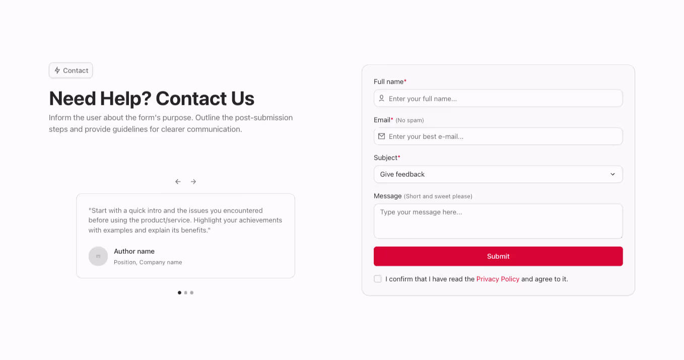 A Webflow contact section with a two-column layout. The left side features a testimonial slider, while the right side contains a contact form in a card with a heading above.