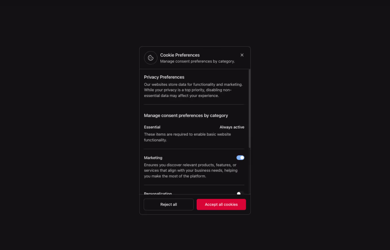 A Webflow cookie consent component featuring a vertical banner with an icon and a simple modal for displaying consent details and options.