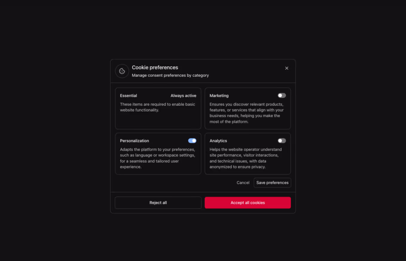 A Webflow cookie consent component featuring a horizontal banner with an icon and a modal. The modal includes a 2x2 grid of cards for managing preference options.