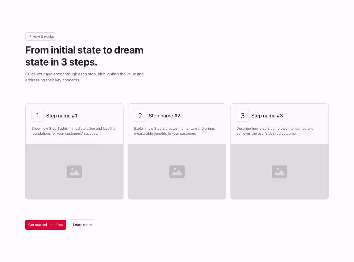 A Webflow step component with a three-column grid layout. Each step is displayed in a card with text aligned to the left, and a heading above the grid.