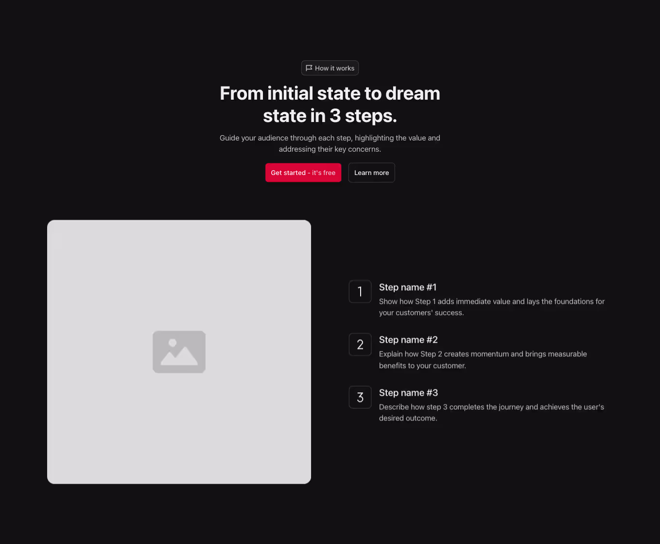 A Webflow step component with three steps in a right-aligned list, an image aligned to the left, and a heading positioned above the layout.