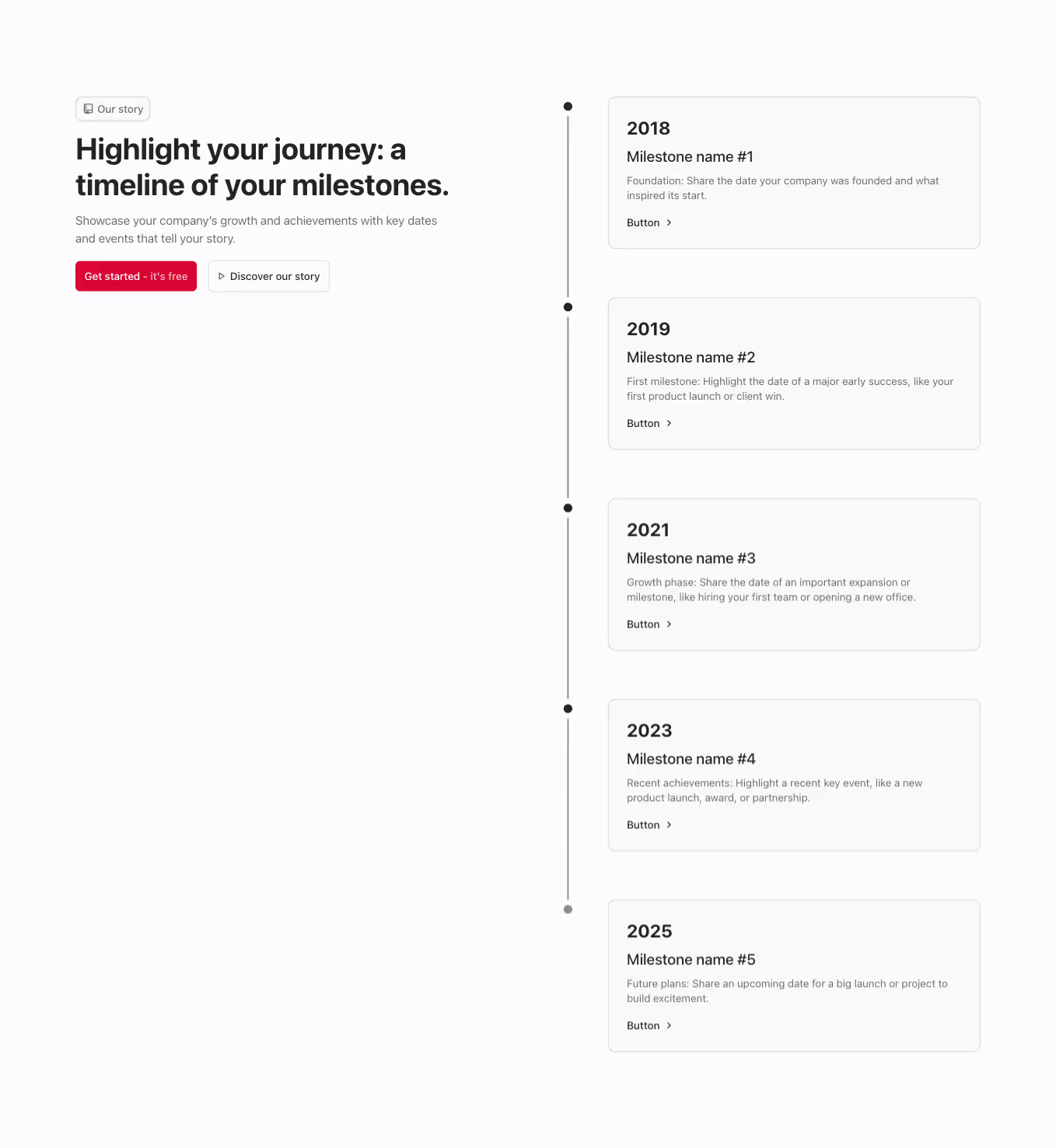 A Webflow timeline component with a two-column layout. The left side includes a heading, while the right side features a vertical timeline with content displayed in cards.