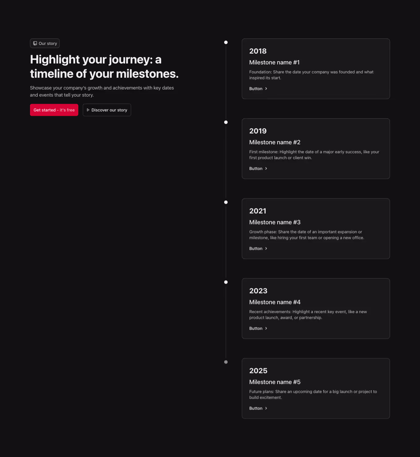 A Webflow timeline component with a two-column layout. The left side includes a heading, while the right side features a vertical timeline with content displayed in cards.