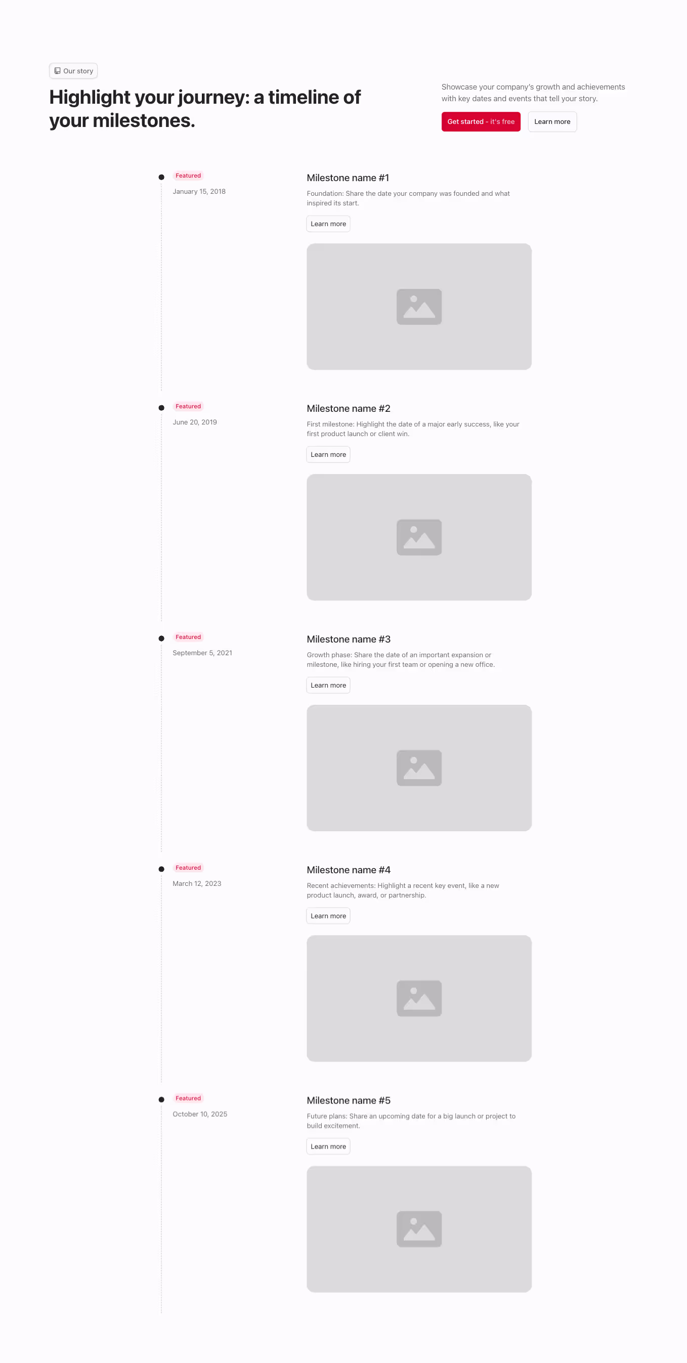A Webflow timeline component with a horizontal heading at the top. The timeline below features dates and content aligned to the right of the timeline line.