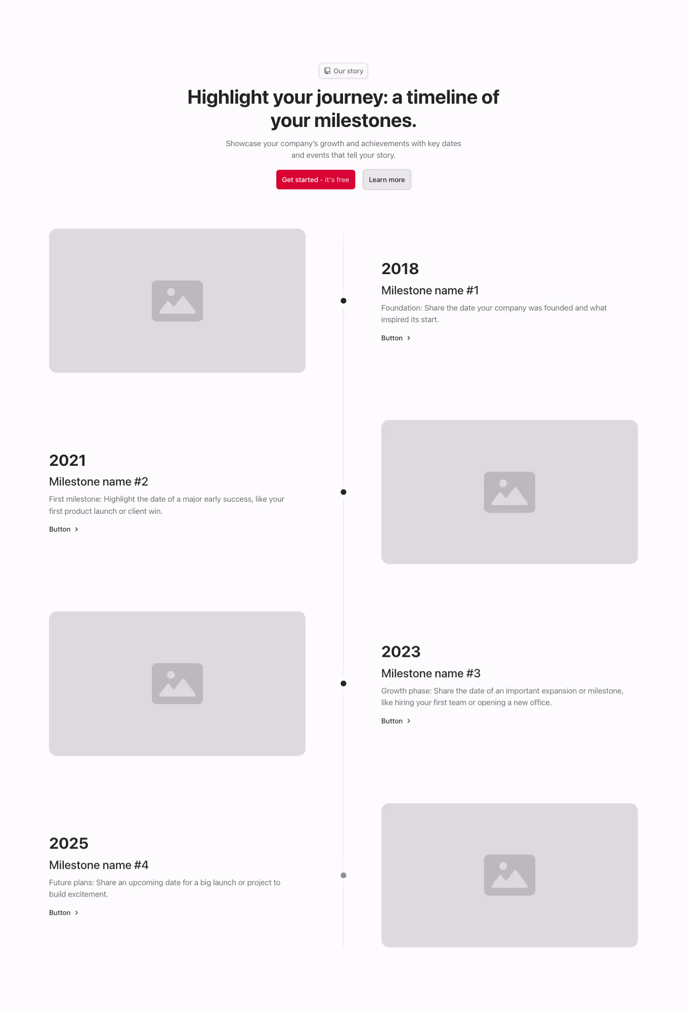 A Webflow timeline component with a centered heading at the top. The timeline alternates content aligned to the left with images aligned to the right and vice versa.