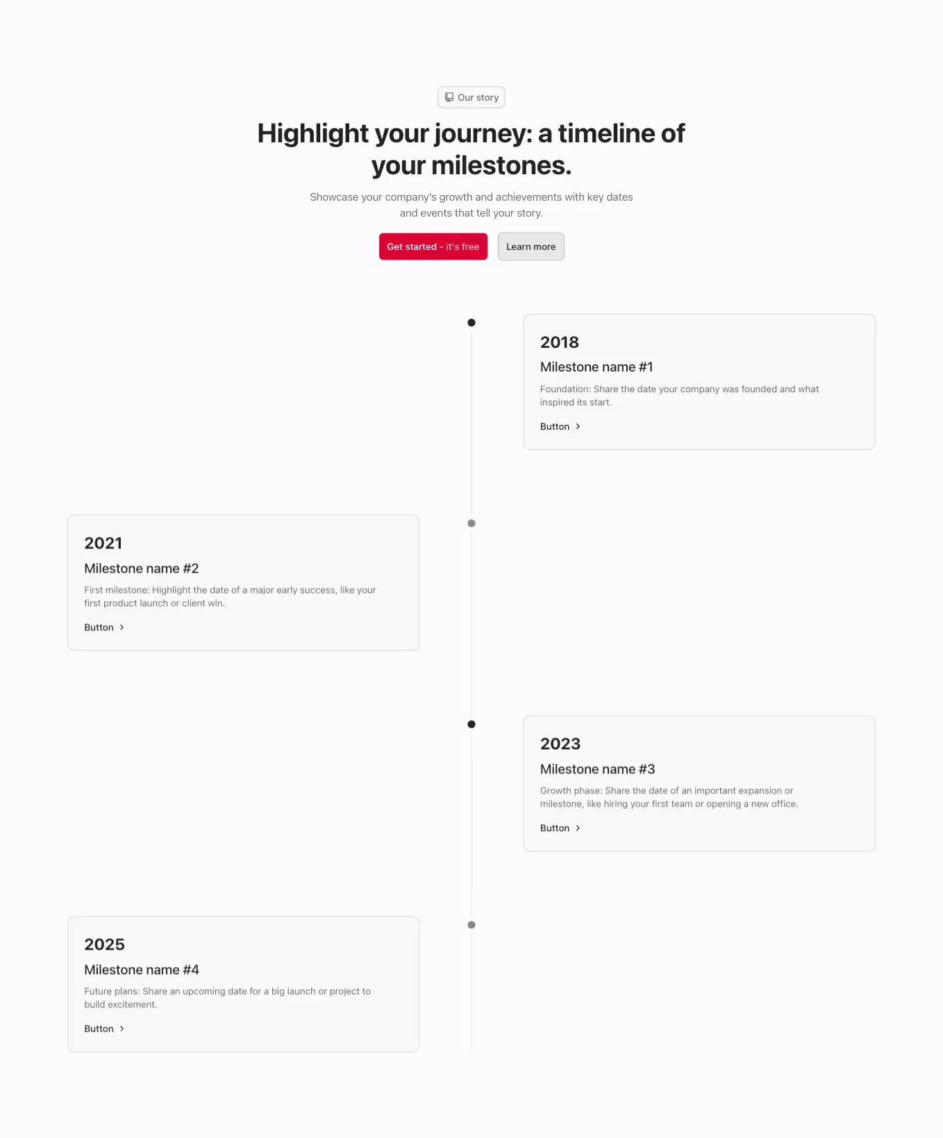 A Webflow timeline component with a centered heading at the top. The timeline alternates cards with content aligned to the left and right of the centered timeline.