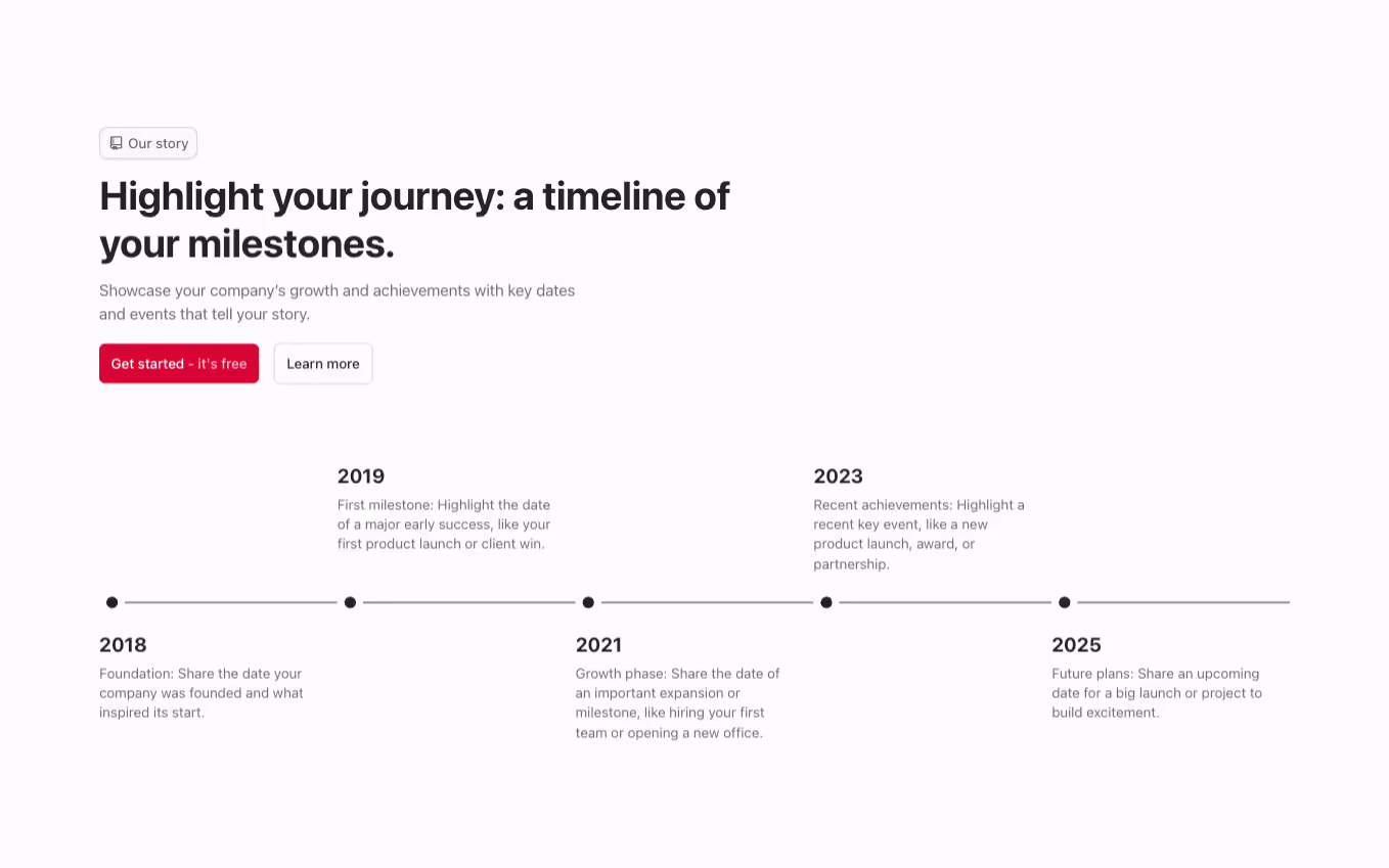 A Webflow timeline component with a left-aligned heading at the top. Below, a horizontal timeline features five content blocks alternated between the top and bottom of the timeline, each corresponding to a specific date.