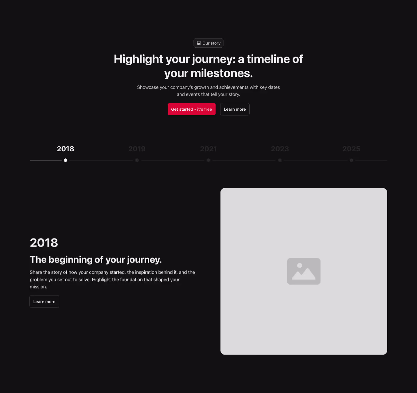 A Webflow timeline component with a centered heading at the top. Below, a two-column layout organizes content into tabs by date: text is displayed on the left, and corresponding images are on the right.
