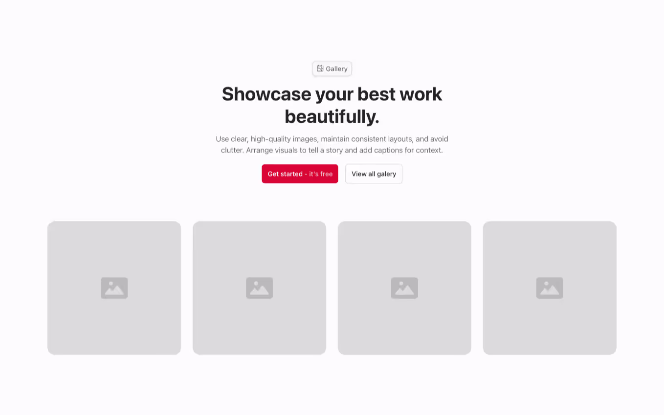 A Gallery component with a centered heading and four images arranged in a 4-column grid, aligned horizontally.