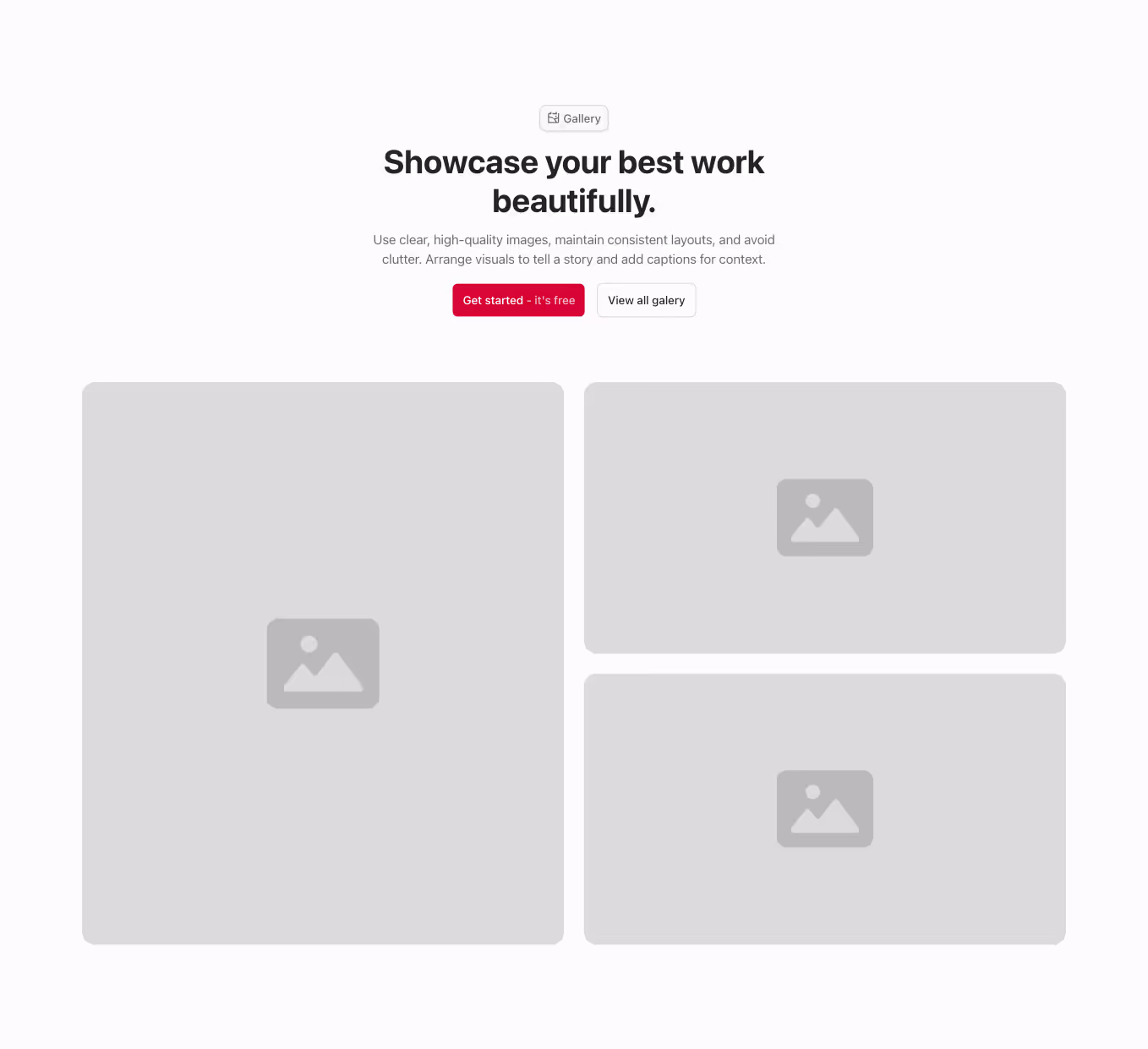 A Gallery component with a centered heading and three images arranged in a 2-column Bento grid.