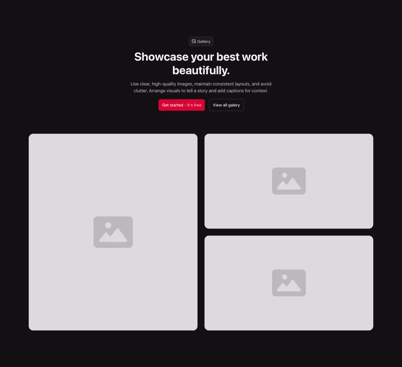 A Gallery component with a centered heading and three images arranged in a 2-column Bento grid.