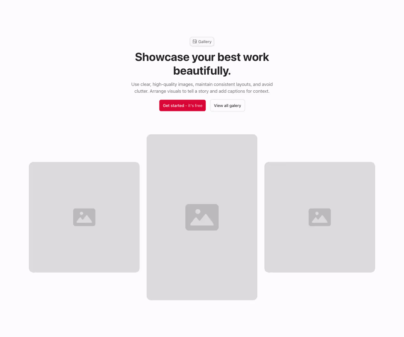 A Gallery component with a centered heading and three images arranged in a 3-column grid aligned horizontally. The center image is taller than the two others.