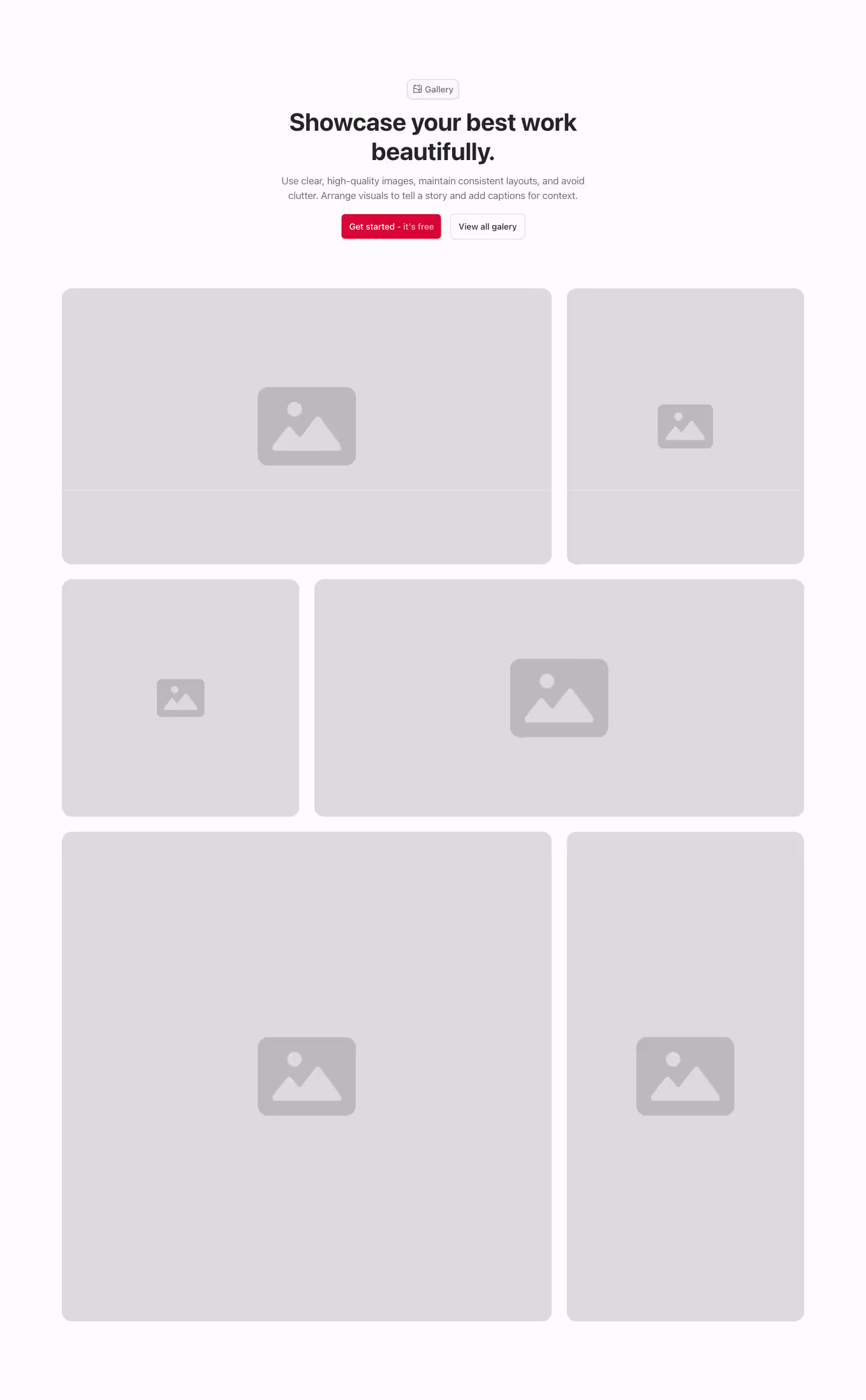 A Gallery component with a centered heading and six images arranged in a 3-column Bento grid layout.