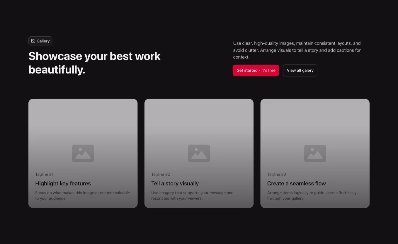 A Gallery component with a horizontally aligned heading and three images arranged in a 3-column grid. Each image features an overlay with content displayed on top.