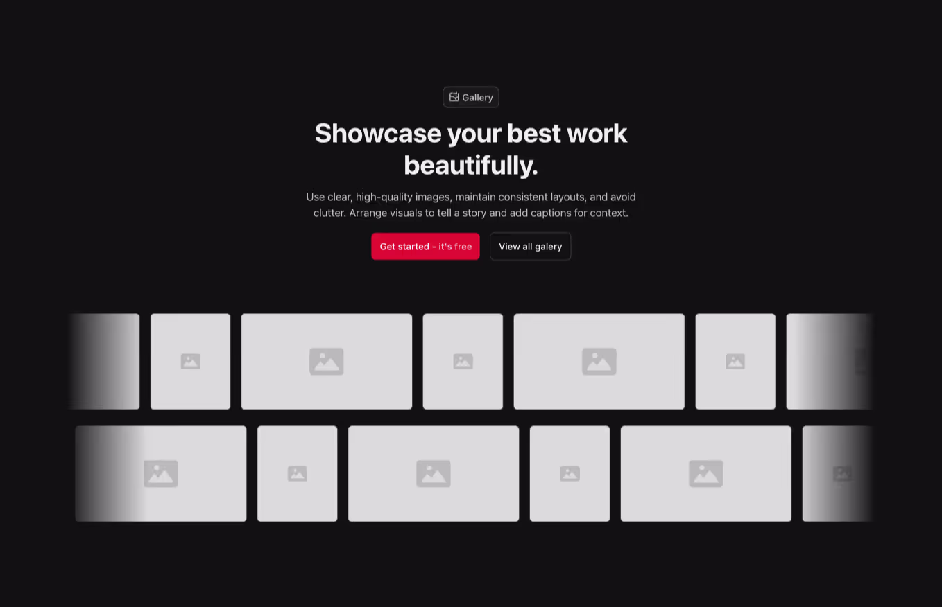A Gallery component with a centered heading, featuring two horizontal image lists. One list slides in one direction, while the other slides in the opposite direction.
